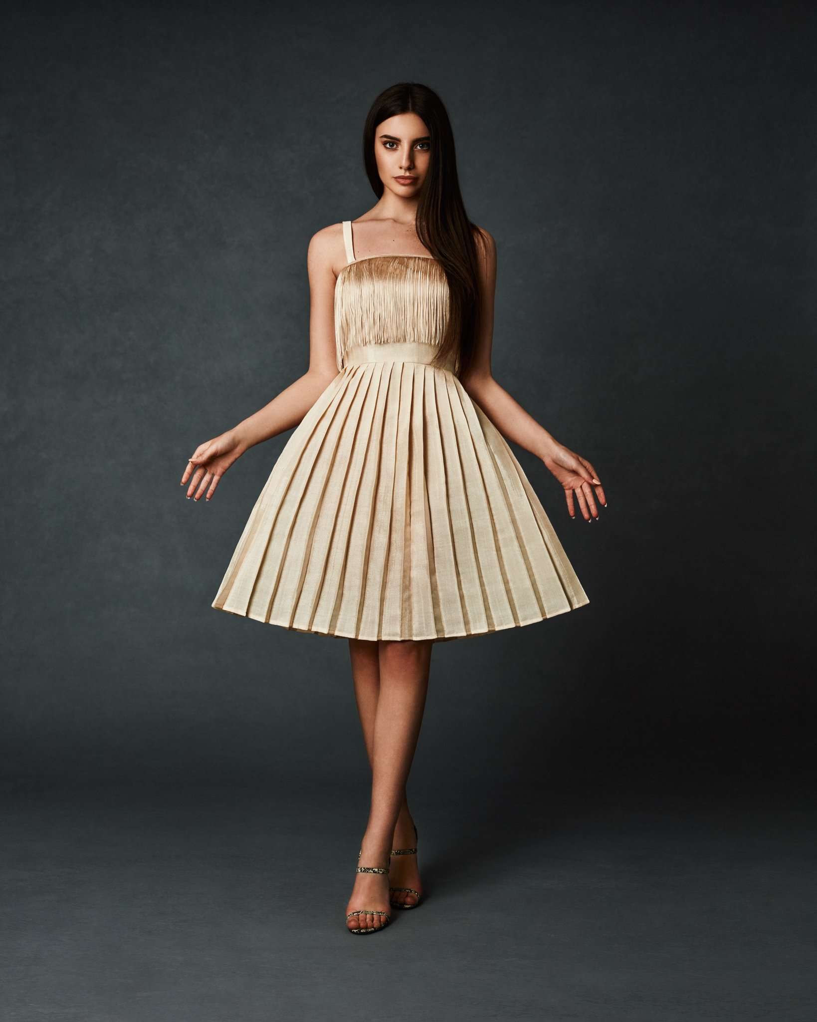 strapless open back dress 1970s Donald Brooks Gold Lurex Accordion Pleat Dress